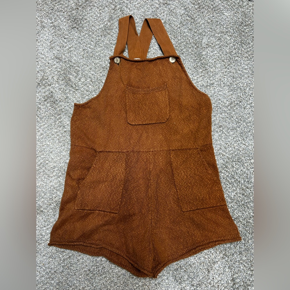 Böhme Knit Overall Shorts Rust Brown Cottagecore Boho Romper M - Picture 2 of 8